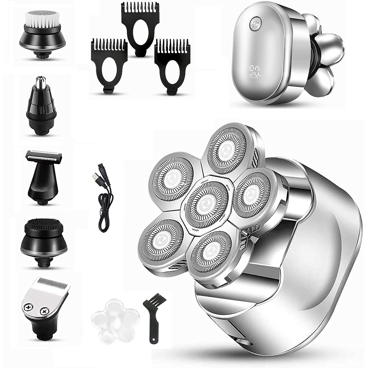 Electric Razor for Men, Copoki Bald Head Shaver Rotary Cordless Nose Hair Beard Trimmer Clippers Facial Cleansing Brush Waterproof USB Rechargeable Men Grooming Kit with 6D Floating 6 Razor Head