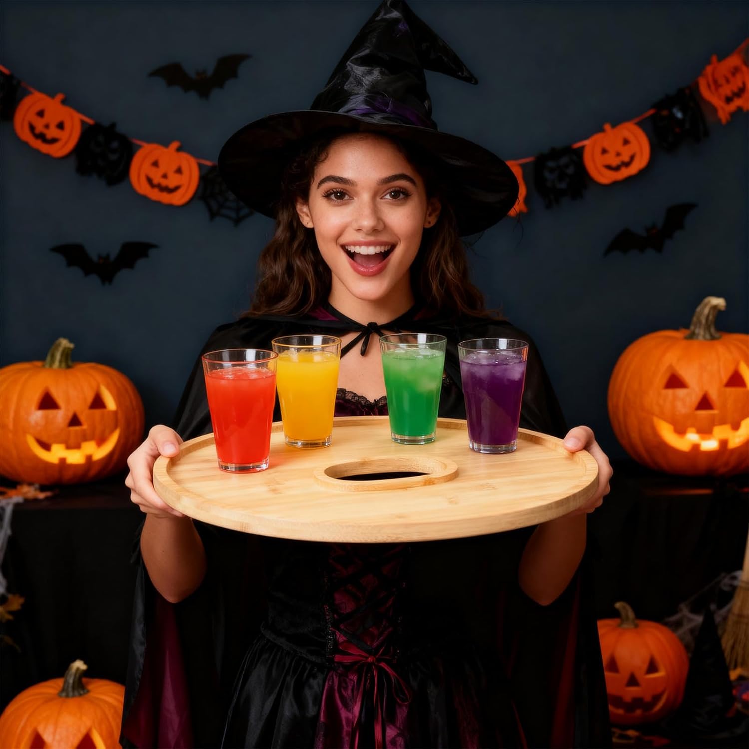 5Pcs BOO Halloween Charcuterie Board Set, Bamboo Wood Serving Tray Platter with 2 Dipping Saucers Fruit Snack Candy Cupcake Tray Table Decor for Halloween Party