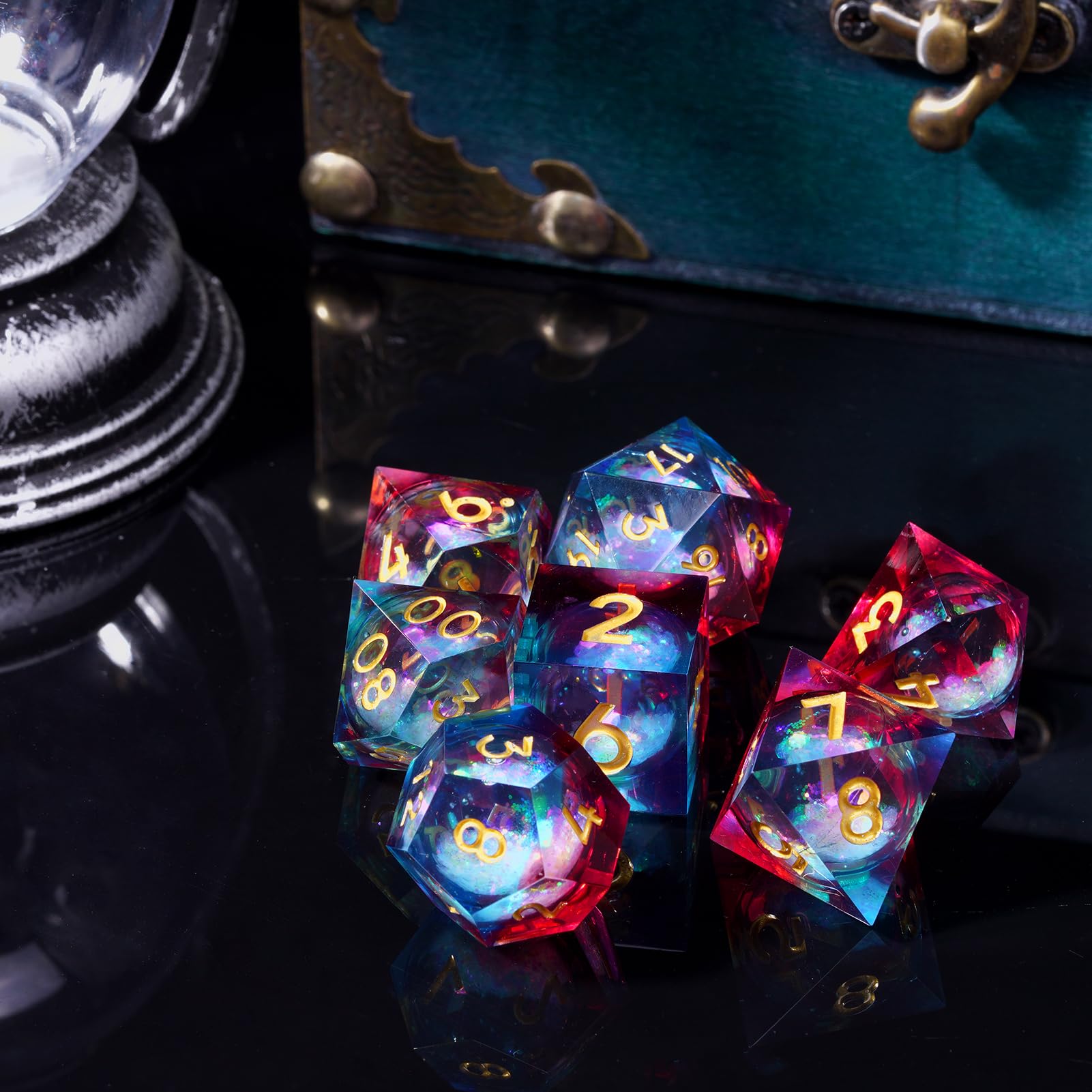 Set De 7 Dados De Ojo De Dragón Con Núcleo Líquido – Resina De Borde Afilado, Números Dorados, Ideal Para D&D Y Juegos De Rol, Regalo Para Jugadores