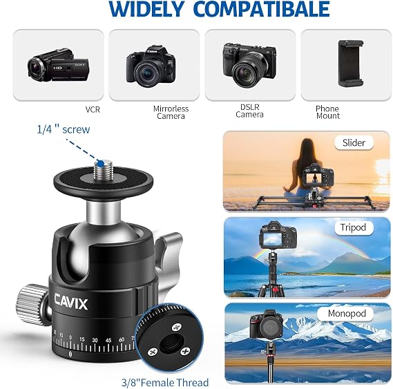 CAVIX 25mm Mini Ball Head 360 Panoramic Tripod Head Small Ball Head with 1/4 Quick Release Plate, for DSLR/Mirrorless Camera, Compatible with Tripods, Monopods and Sliders, Max Load 11lb/5kg