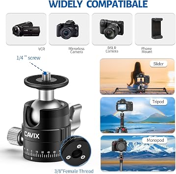 CAVIX 25mm Mini Ball Head 360 Panoramic Tripod Head Small Ball Head with 1/4 Quick Release Plate, for DSLR/Mirrorless Camera, Compatible with Tripods, Monopods and Sliders, Max Load 11lb/5kg