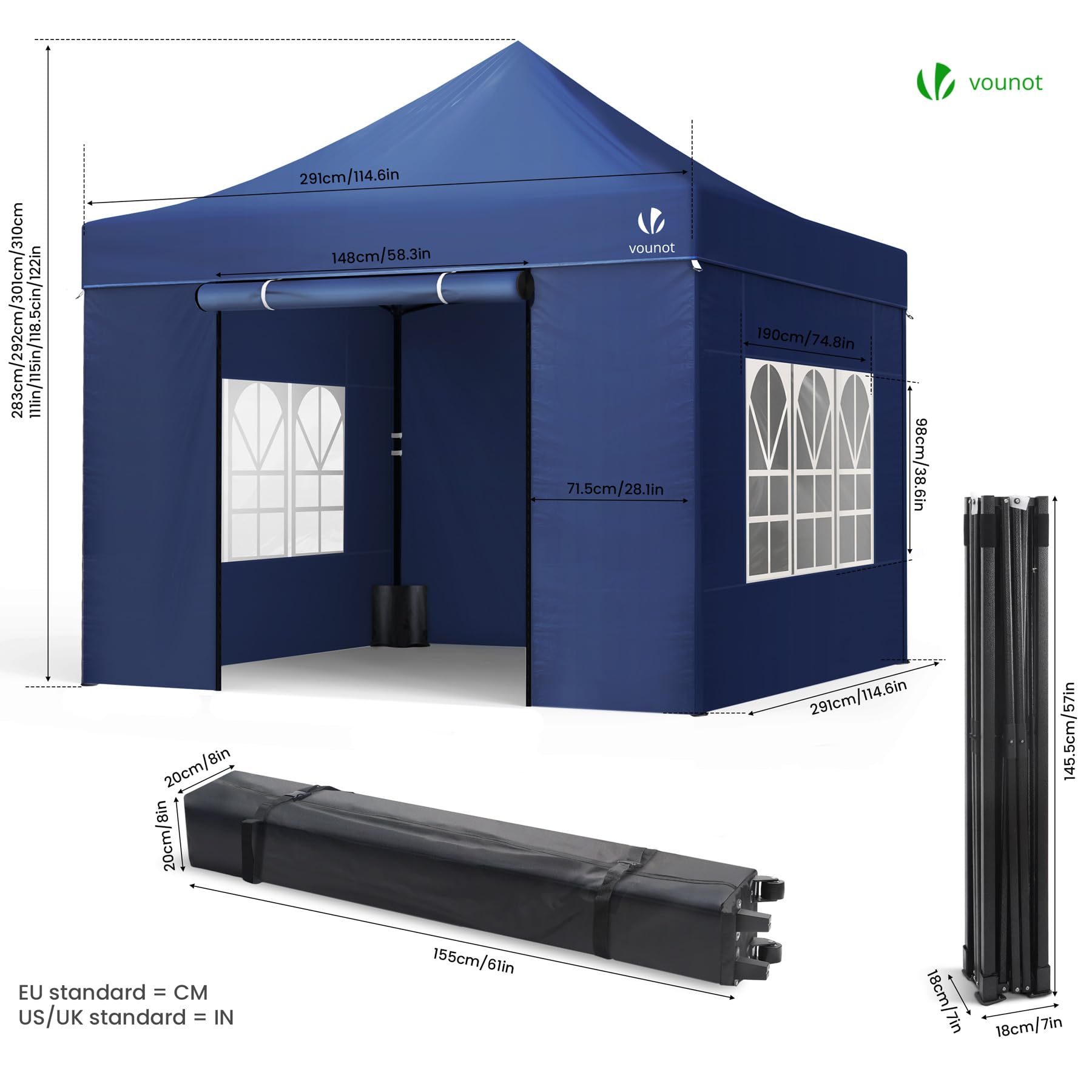 VOUNOT® Carpa Plegable Gazebo 3x3m con 4 Paredes, Cenador Impermeable Pabellón de Jardín para Camping, Fiestas, Exterior, Color Azul