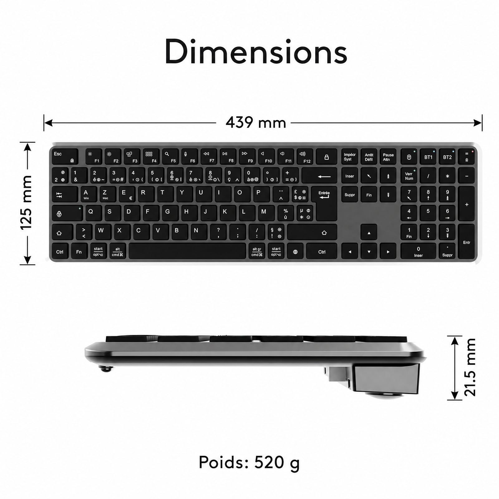 TECURS Clavier sans Fil Bluetooth (2BT + 2.4G), Disposition AZERTY, Noir