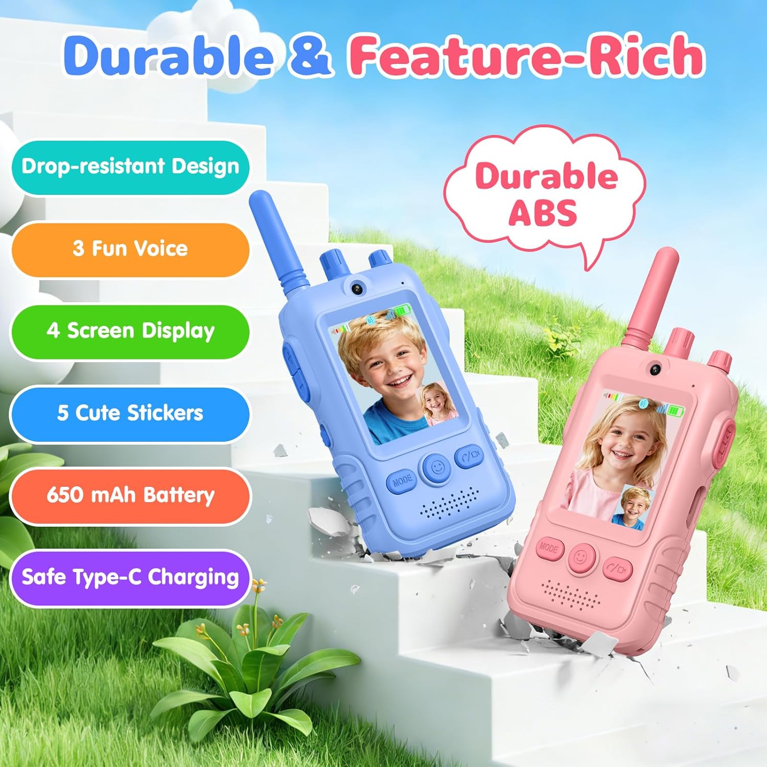 Video Walkie Talkies for Kids 2 Pack, Drop-Resistant with Video Chat & Voice Changer, Outdoor Toys for 4-6 Year Old Boys & Girls, Backyard & Park Play,Camping,Christmas & Birthday Gifts