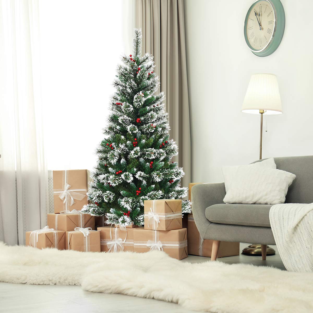 KOMFOTTEU 150 cm Arbre de Noël Artificiel, Neigeux avec Pommes de Pin | Sapin de Noël à Ouverture automatique avec Base en métal, Arbre de Décoration de Noël en PVC