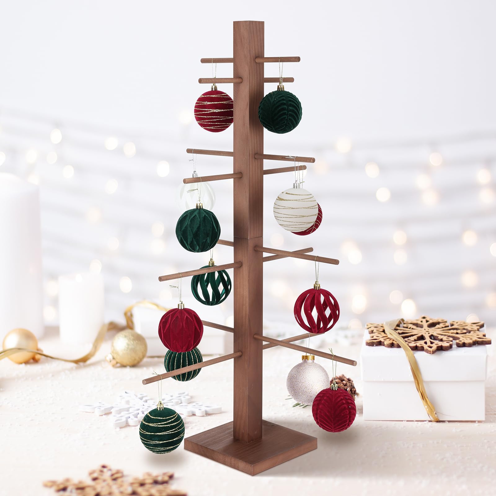 YLOLUL Soporte de exhibición de adornos de árbol de Navidad de 32 pulgadas, soporte de madera tradicional, rústico, resistente, para árbol de Navidad, con capacidad para 16 adornos (color del tronco,