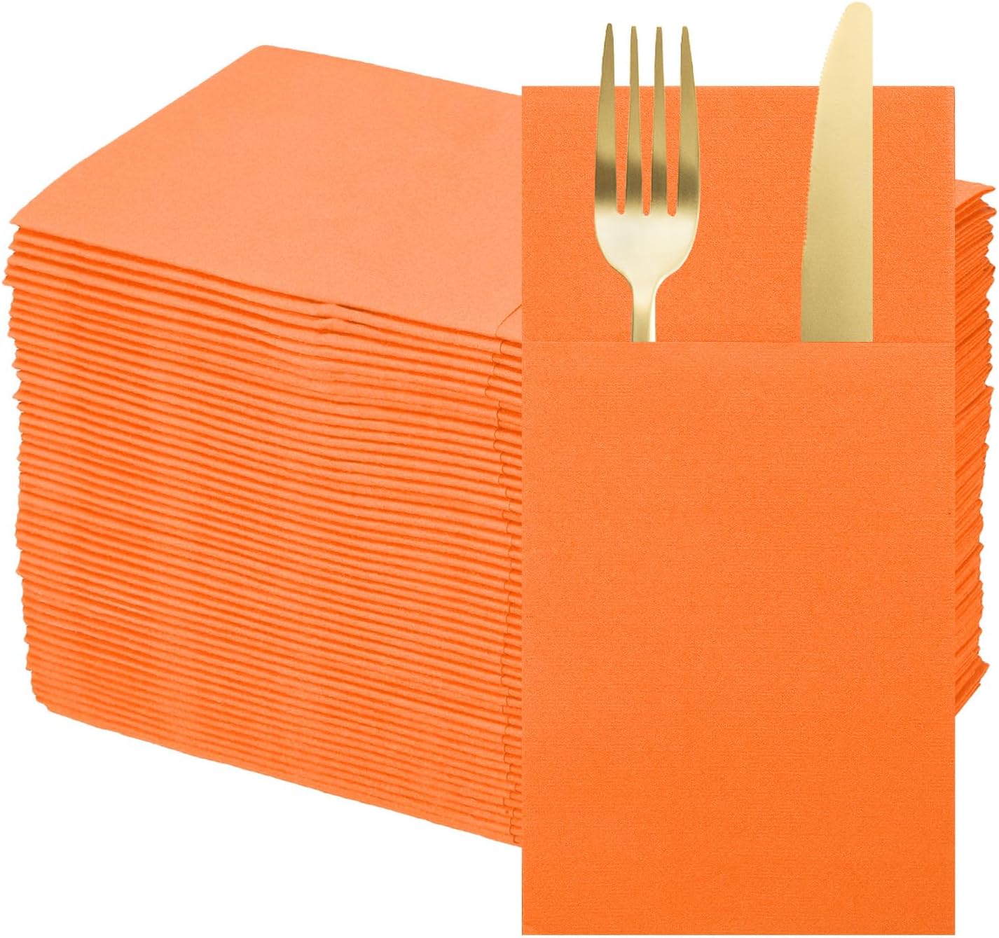 uxcell 50 Pcs Disposable Linen Feel Napkins with Built-in Flatware Pockets, Paper Dinner Napkins for Knife and Forks, Hand Towels for Wedding Party Orange