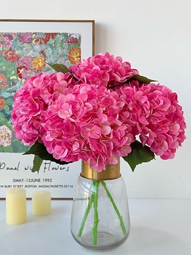 YalzoneMet 4 flores artificiales de hortensias artificiales de seda magenta, color rojo rosa, flores grandes realistas de 20 pulgadas de tallo largo