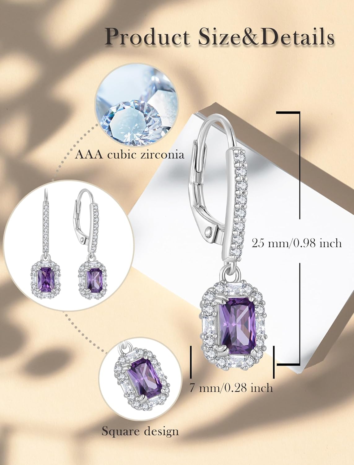 925 Sterling Silver Earrings Square Earrings with Princess Cut Birthstones, Halo Dangle Earrings with Leverback for Women Jewelry Gifts - Image 6