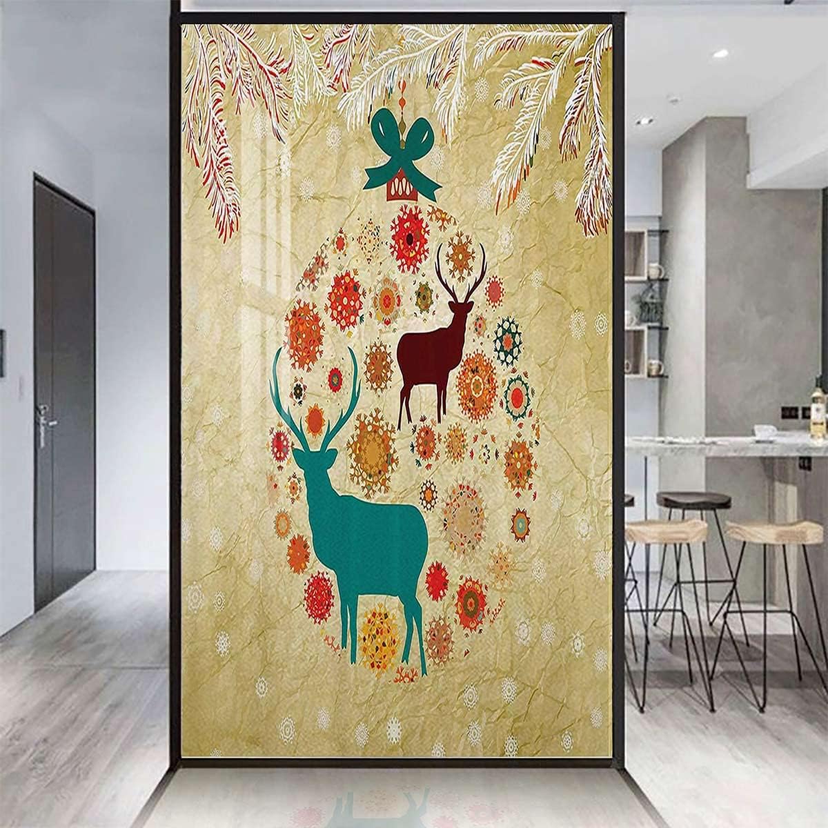 Beige Window Privacy Film Frosted Glass Static Clings Reindeer and Snowflakes Vintage Image Frosted Privacy Window Film Non-Adhesive Christmas Decorations 31.5Wx62.9L-inch