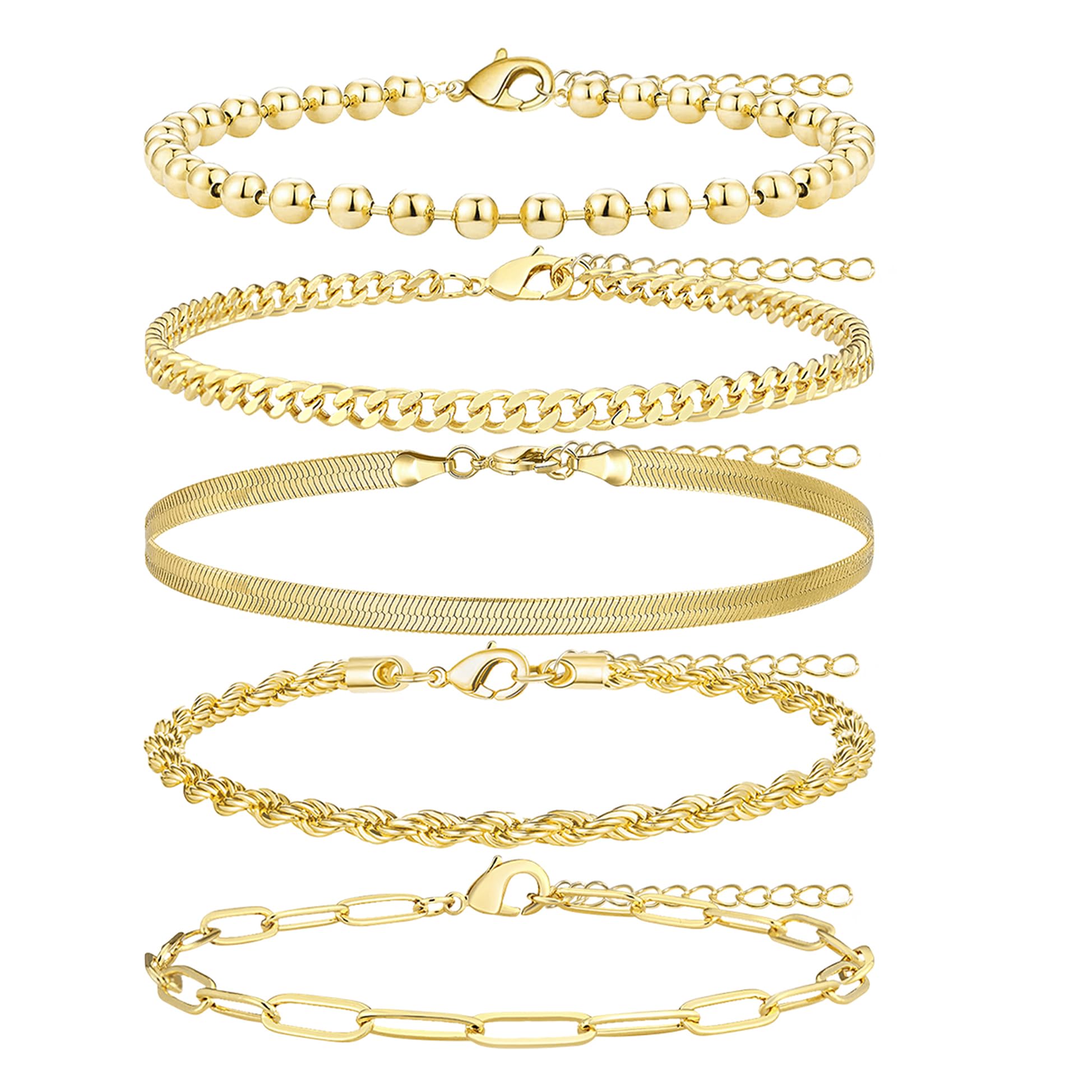 Poxtex Gold Bracelets for Women, 14K Real Gold Dainty 7" +2" Adjustable Multilayer Trendy Bracelets Set for Women Waterproof Inclued Beaded, Cuban, Paperclip, Snake, Rope, Figaro, Mirror, Satellite