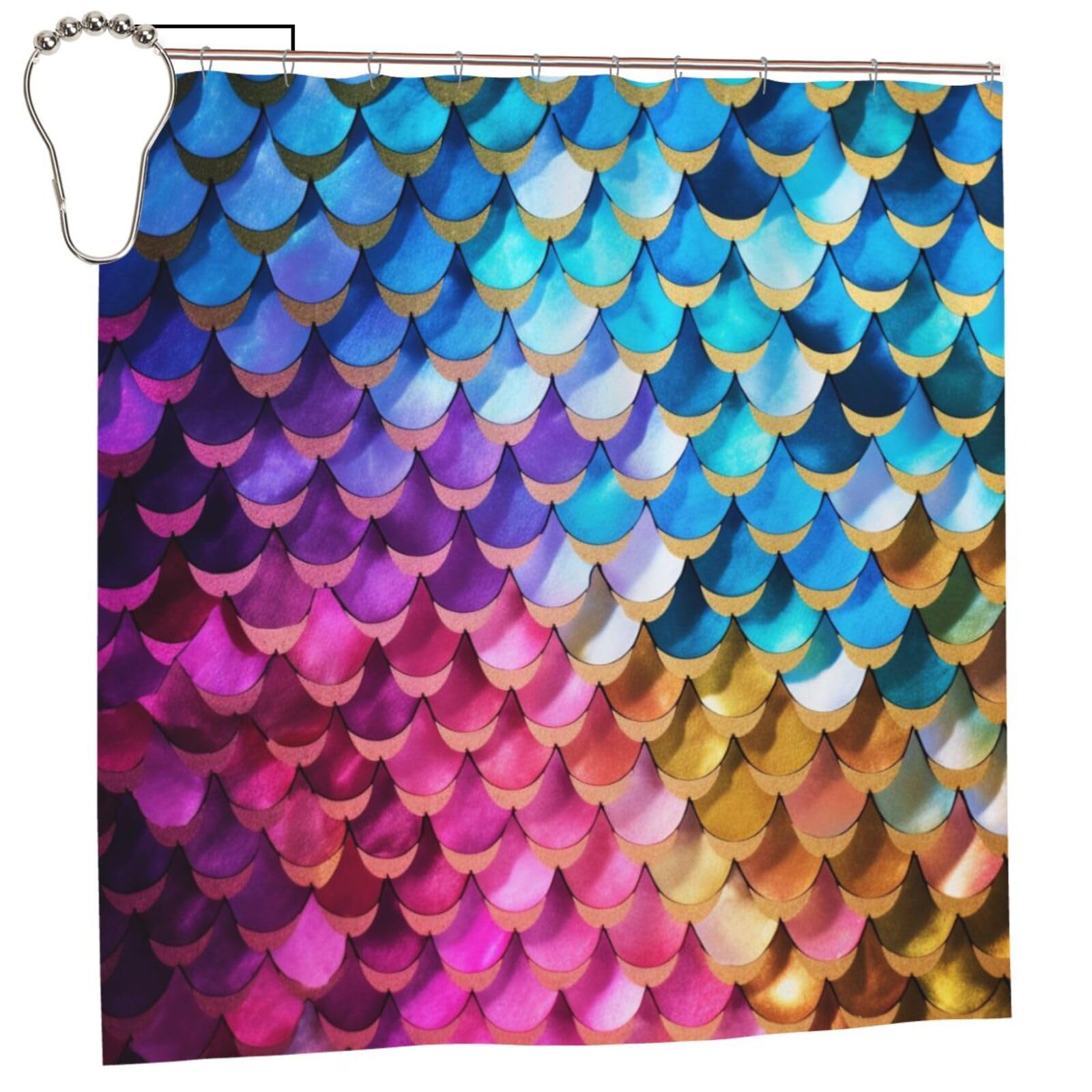 BWWHCCTI Colored Fish Scale Printed Shower Curtain With 12 Iron Hooks Opaque Quick Drying Waterproof Shower Curtains Sets For Bathroom 183x183 CM