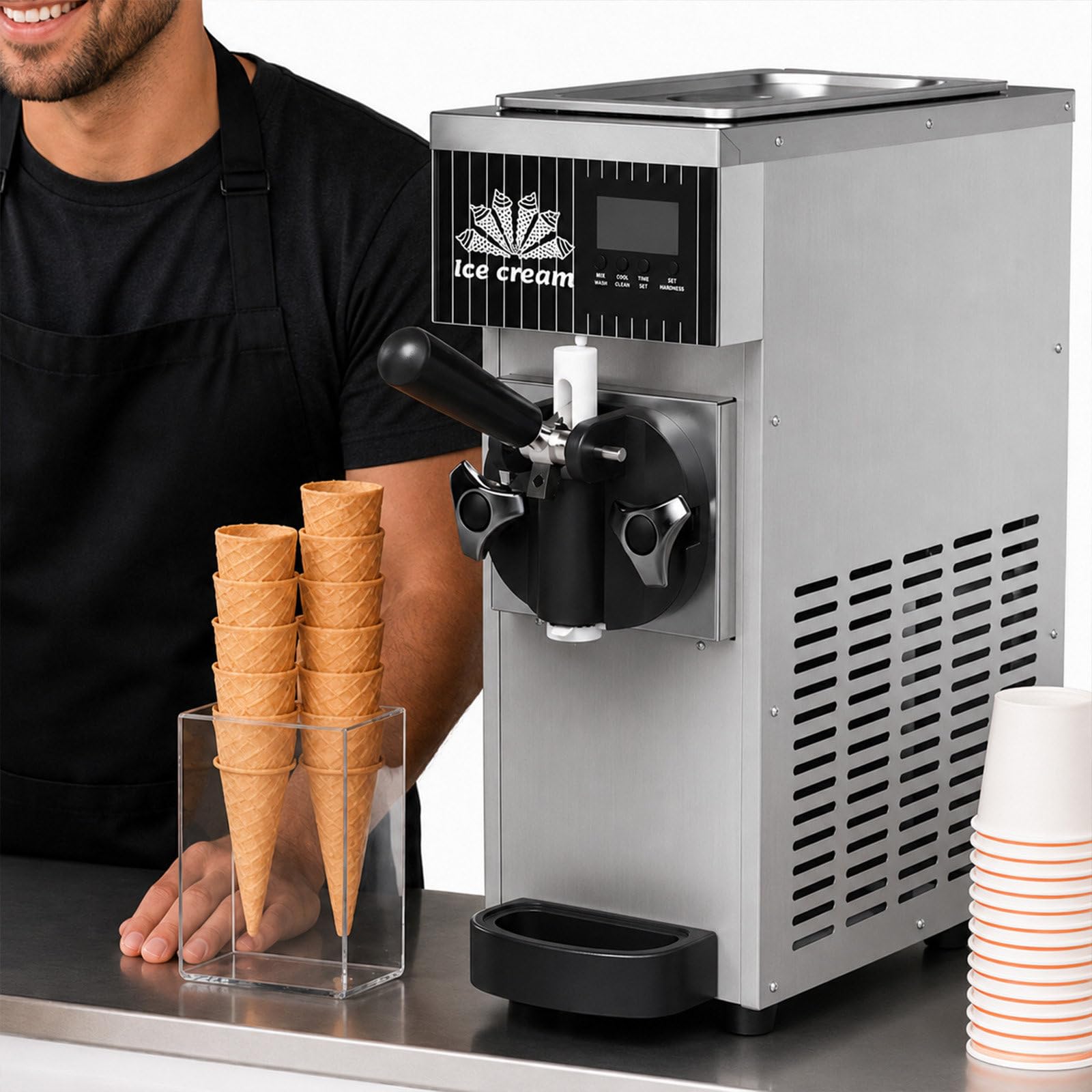 Máquina De Helados Soft Profesional, 450w Mostrador Sabor Único Máquina De Hacer Helados, Rendimiento 4-5l/H, Panel LED Limpieza Automática De 1 Clic Grey