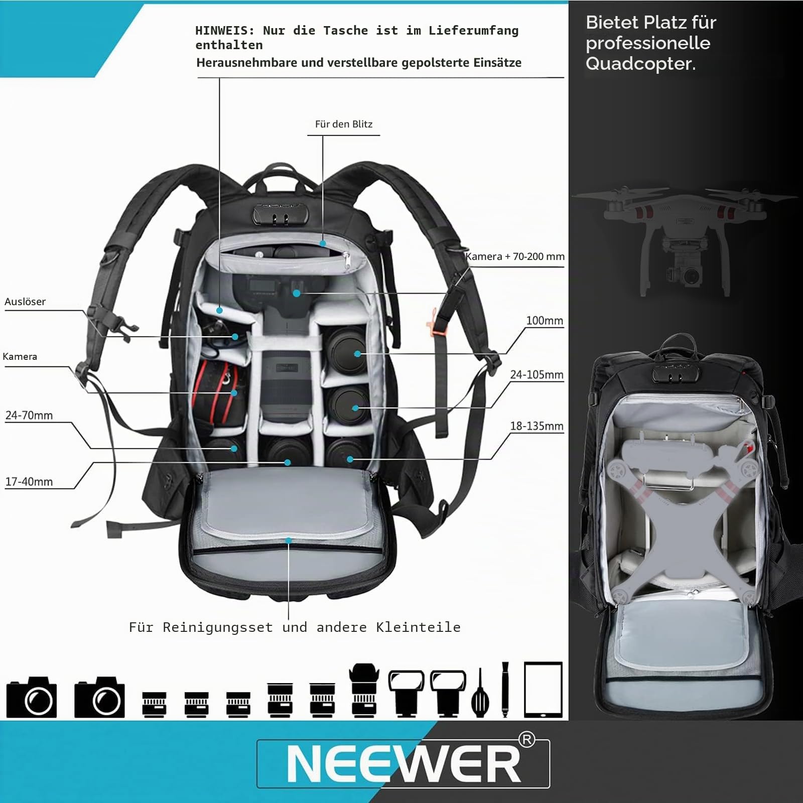 Neewer Pro wasserdicht stoßfest Verstellbarer gepolsterter Kamera Rucksack Tasche mit Diebstahlschutz Zahlenschloss Kompatibel mit DJI Drone DSLR Stative Flash Objektiv und andere Zubehör – Bild 3