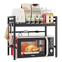 Mointal Ripiano Espandibile per Microonde, Mensola a 2 Livelli per Risparmio Spazio in Cucina, Supporto Microonde in Acciaio al Carbonio, Organizzatore di Stoccaggio per Cucina con 8 Ganci, Nero