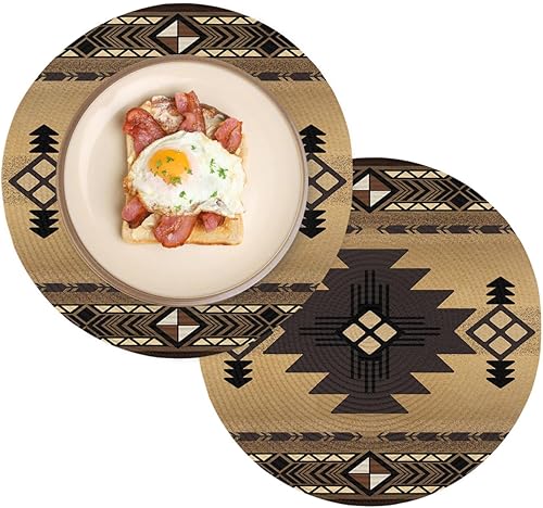 Miniatura 8 de Juego de 2 manteles individuales redondos trenzados, antideslizantes, color negro y marrón tótem en el suroeste de 15 pulgadas, resistentes al