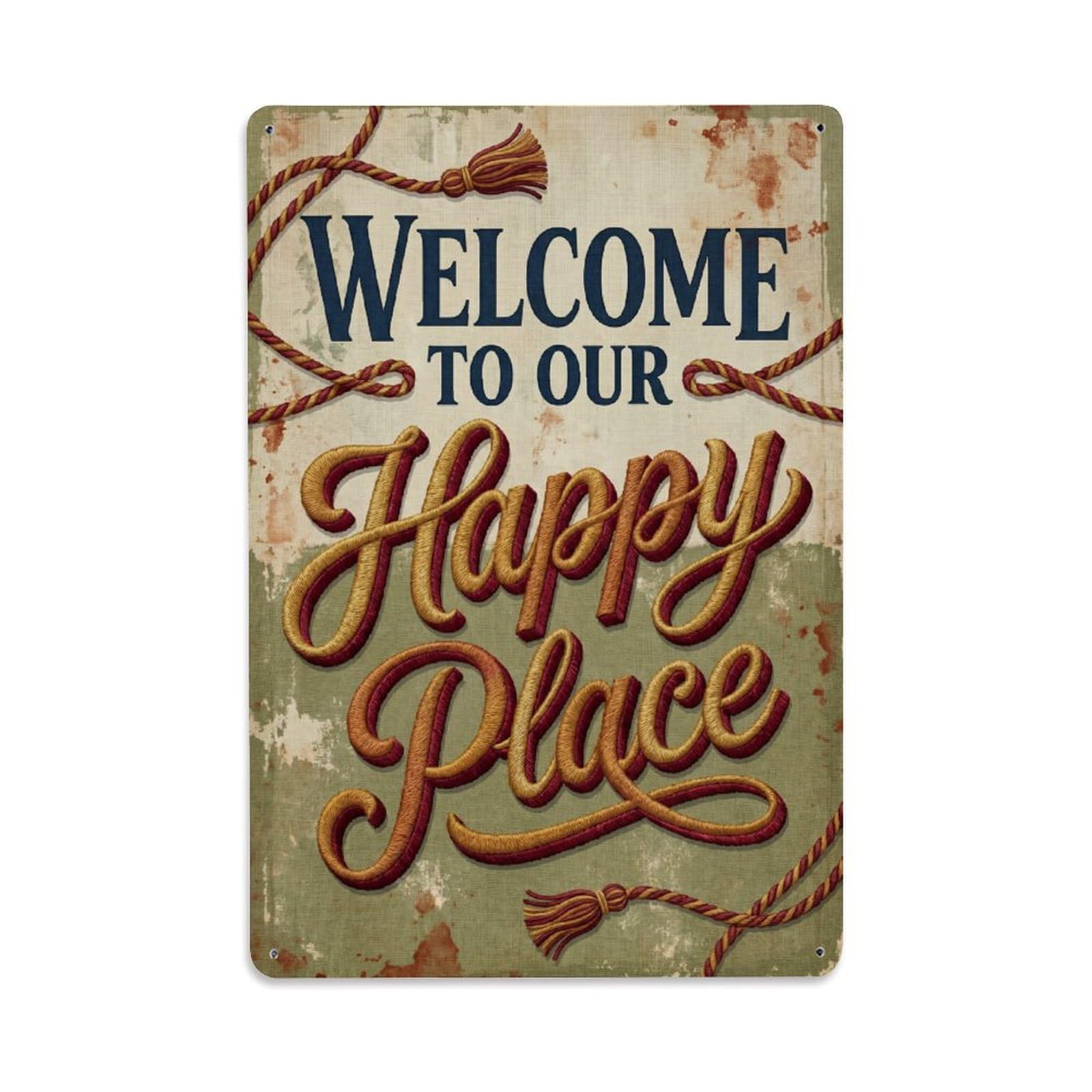 Welcome To Our Happy Place Vintage Fringe Maker Studio Metal Tin Sign Plaque Wall Decor for Cafe, Club Bar, Office, Home Garden Metal Poster 8x12Inch