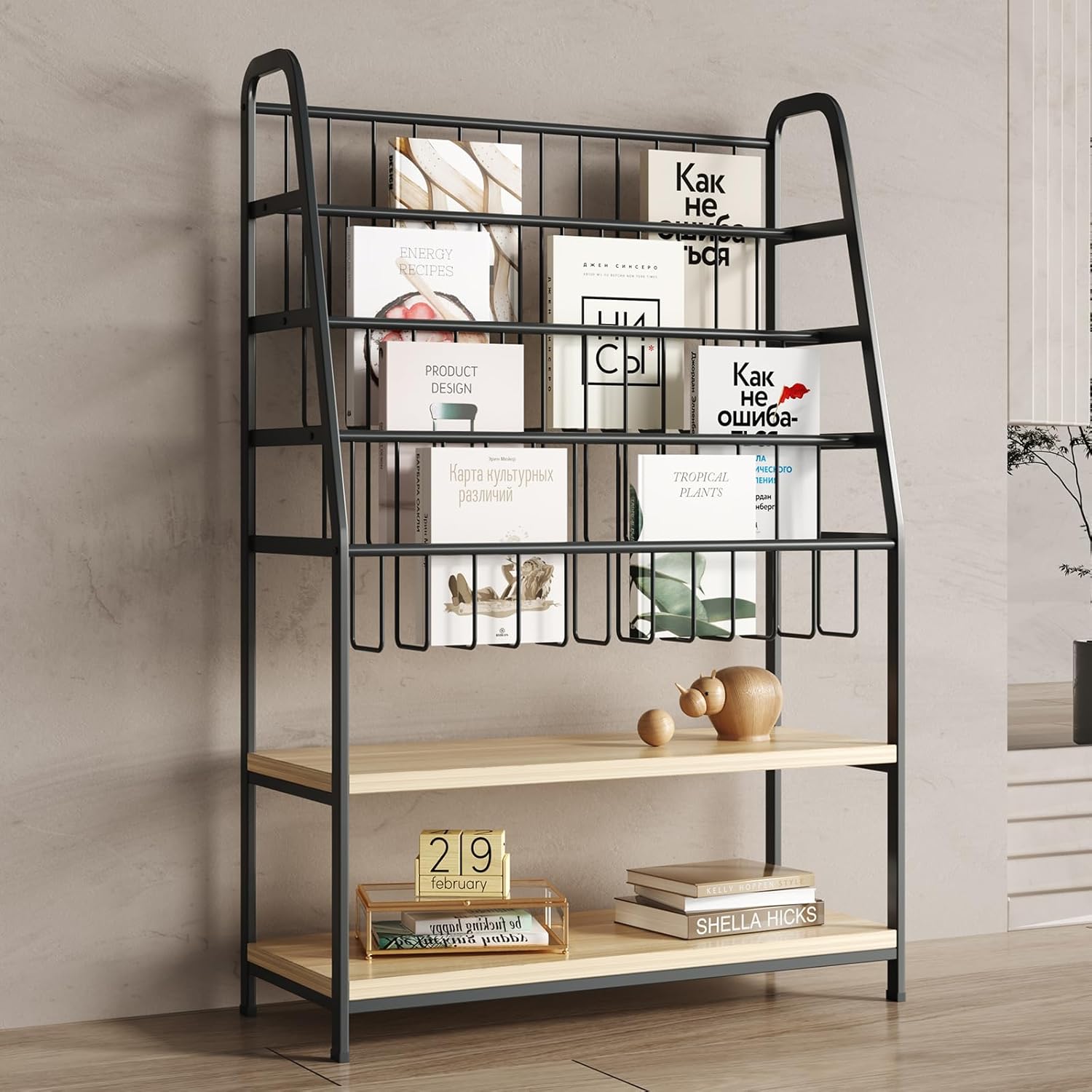 Bookshelf for Kids,Modern Magazine Rack Floor,Freestanding Bookcase for Books,Kids Picture Books,CD DVD & Vinyl Record Storage,Metal Display Shelf with Wooden Shelves (Black, L:23.62")