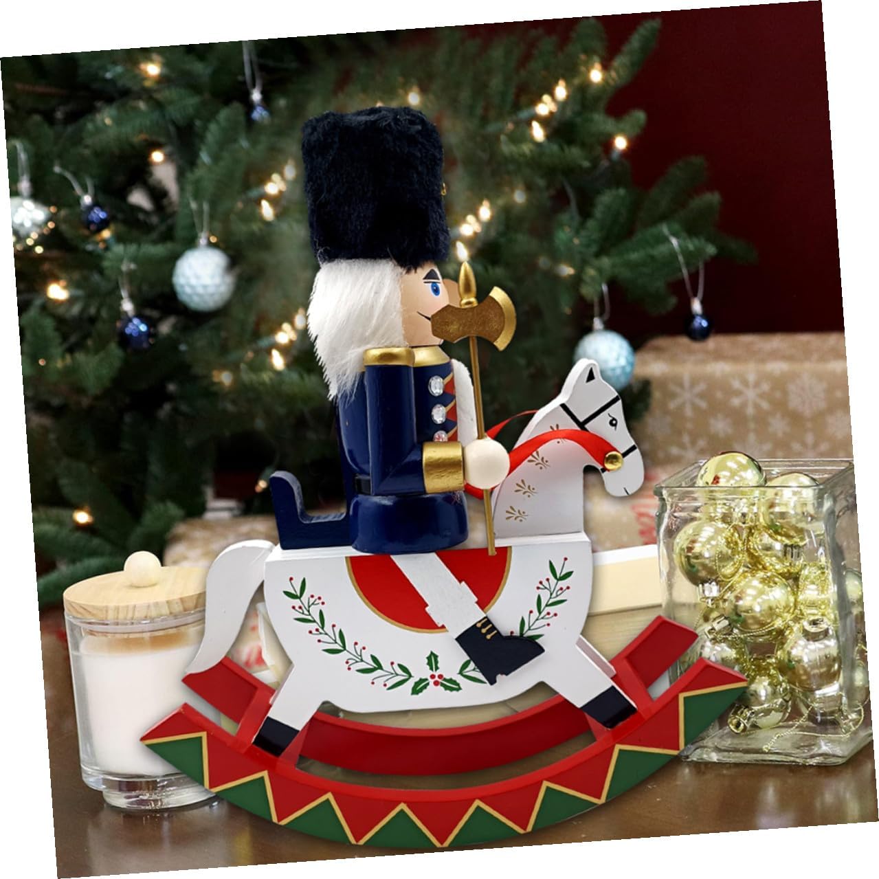 Wooden Nutcracker Sculpture on Rocking Horse Large Christmas Nutcracker Figure Holiday Decor for Home and Office
