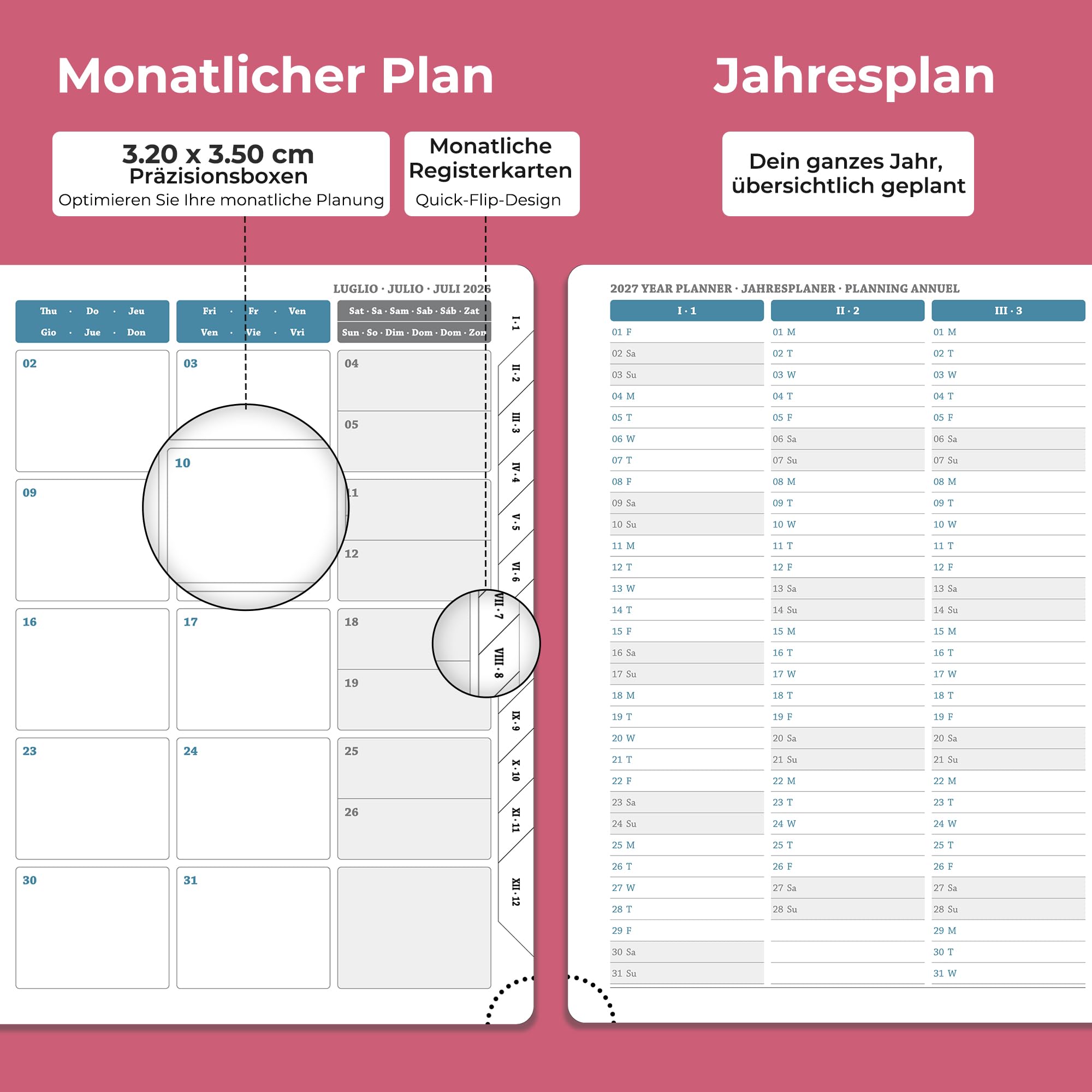 Kalender 2026 2027 Wochenplaner,A5(21,9x 16,2cm),18-Monate Buchkalender (Jul.2026-Dez.2027) Ringbuch mit Softcover,wochenkalender mit selbstklebendem Stifthalter,Rosenrot,Querformat.