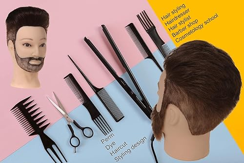 Miniatura 4 de Stancia Cabeza de maniquí masculino, cabeza de entrenamiento con cabello 100% humano, cabeza de maniquí de peluquero de 14 pulgadas, cabeza de