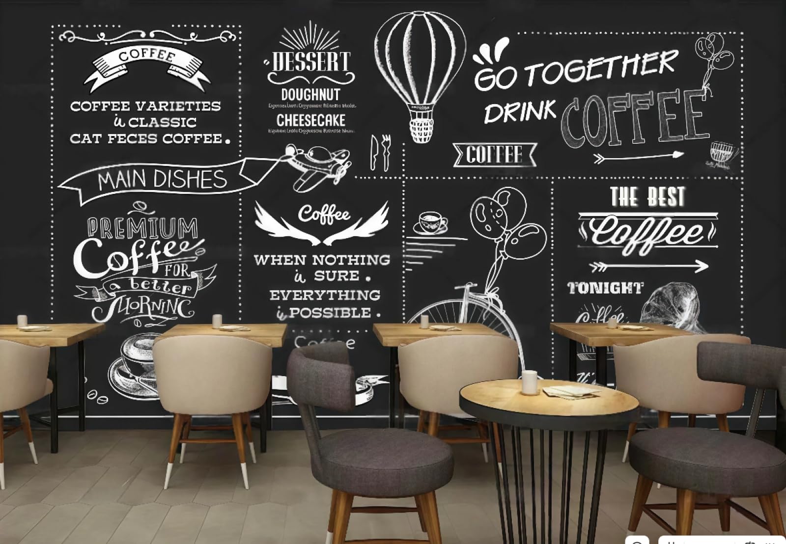 Xdoubao 3D Wallpaper Hand-Painted Blackboard Chalk Painting Drinks Coffee Theme Dessert Shop Afternoon Tea Western Restaurant Background Wall Wallpaper Coffee Shop Mural,,150X105cm