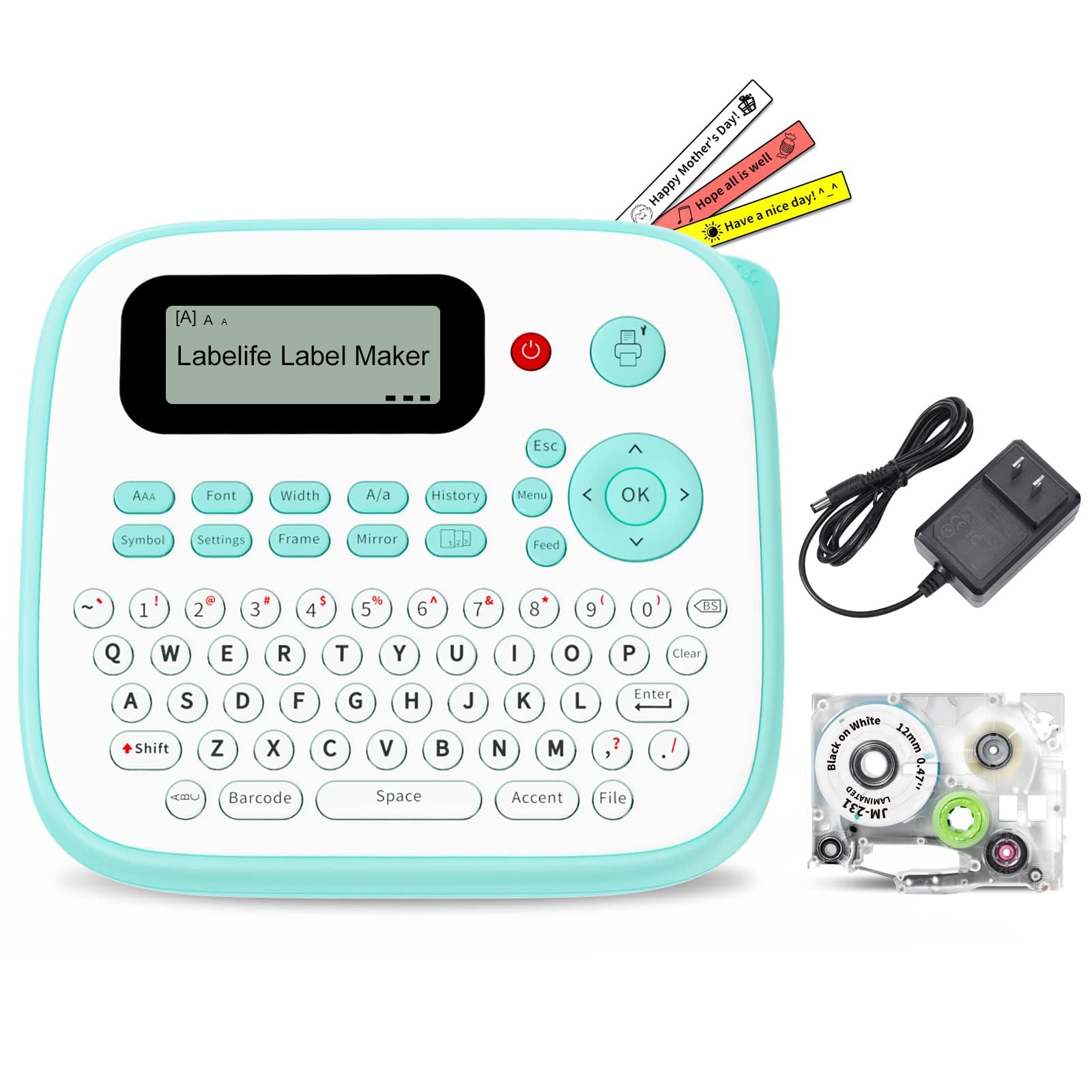 LabelifeLabel Maker Machine with Tape, Portable Label Maker D210S, QWERTY Keyboard, Easy-to-Use, Handheld Label Maker with Laminated Tape and Adapter, for Home Office and School Organization, Green