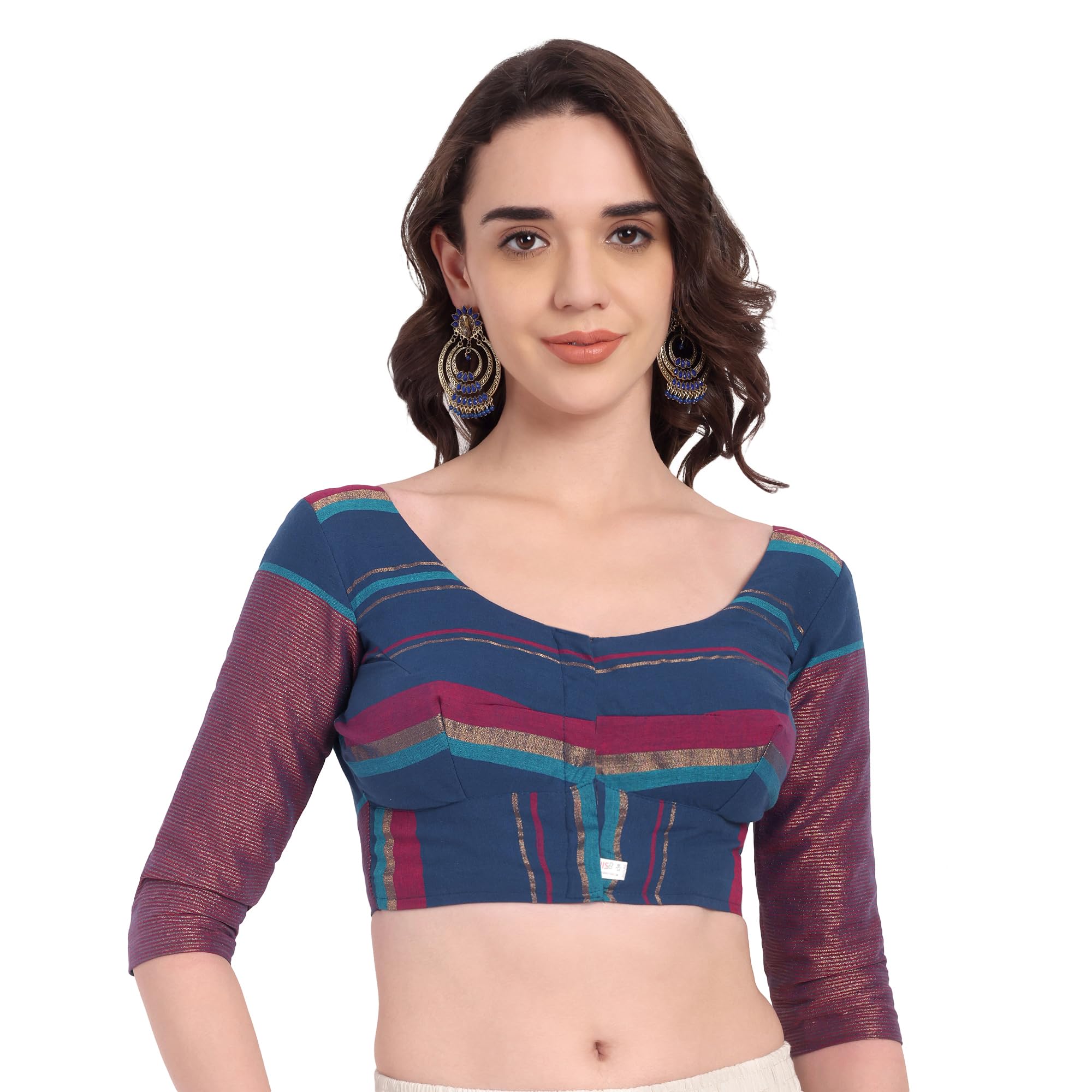 Zari Cotton Multi Colour Stripes Round Neck 3/4 Sleeve Blouse-image-19