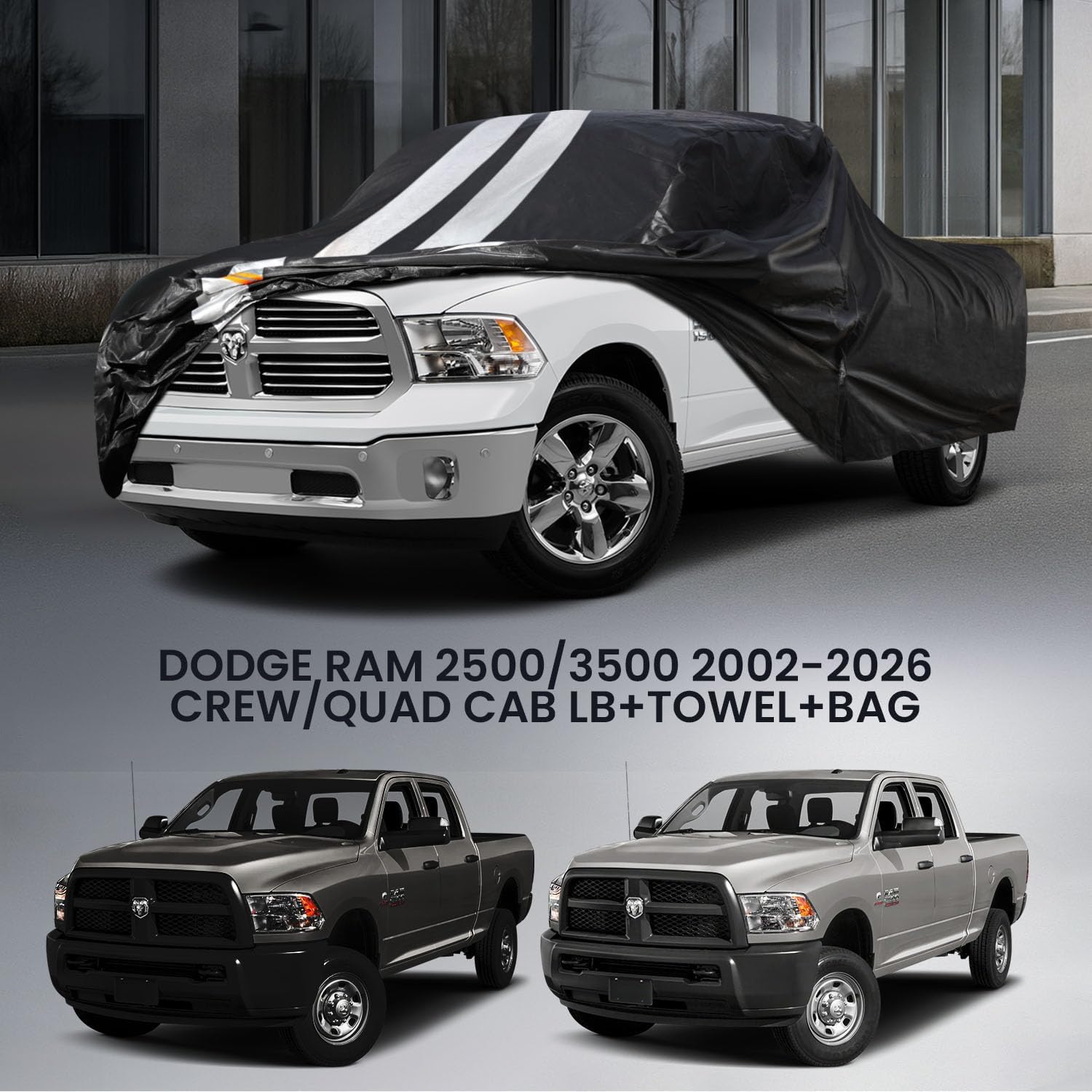 Ram 2500/3500 Truck Cover Custom Fit 2019-2026 Crew/Quad Cab Long Bed(8') with Door Zipper, 10 Layers Outdoor Heavy Pickup Truck Cover Waterproof All Weather, Wind Dust Sun Protector.