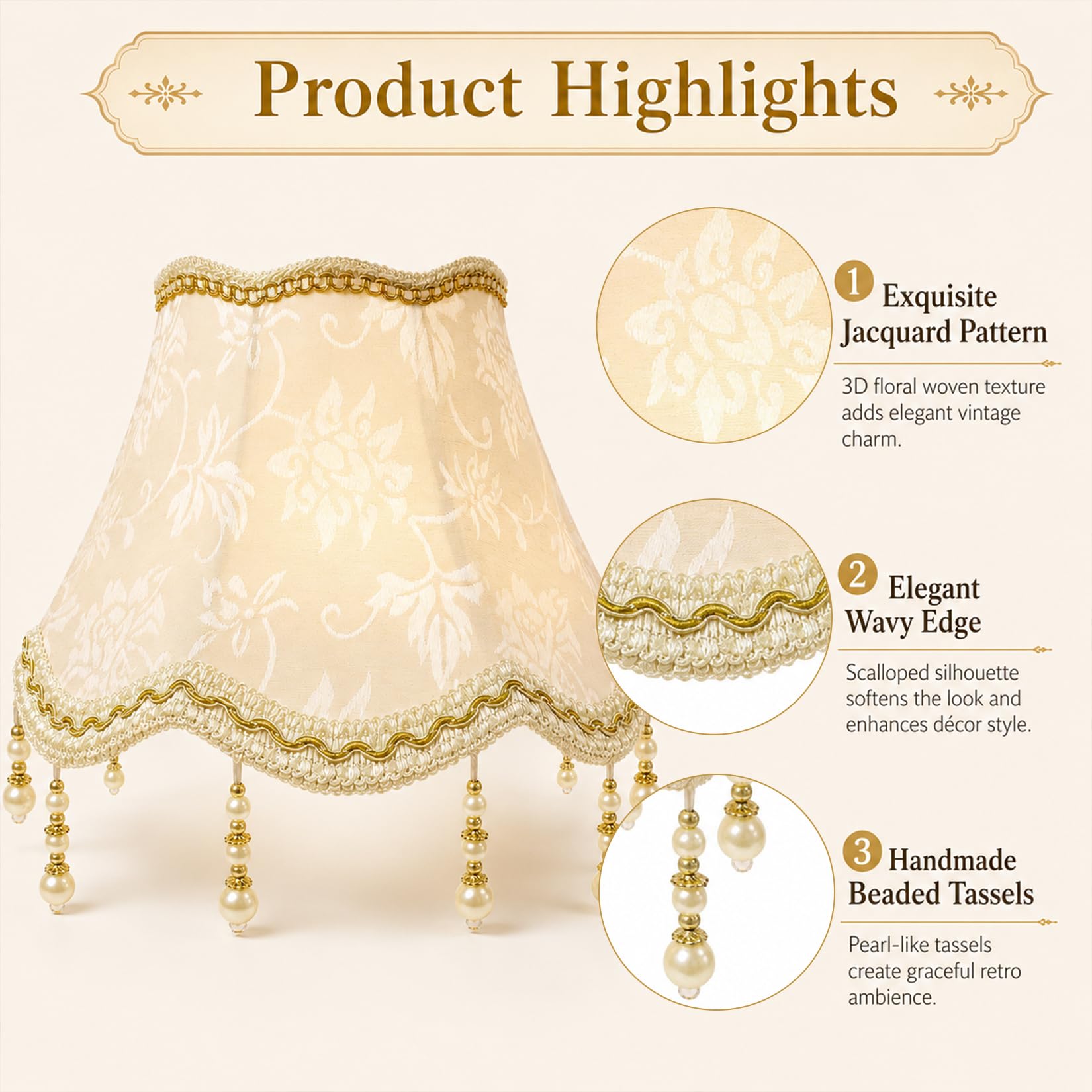 Kleiner Lampenschirm E27 Retro Anhänger Handgefertigte mit Fransen Eleganter Vintage Lampenschirm Stoff für Kronleuchter Pendellampe Wandleuchte Hängelampe (Beige)