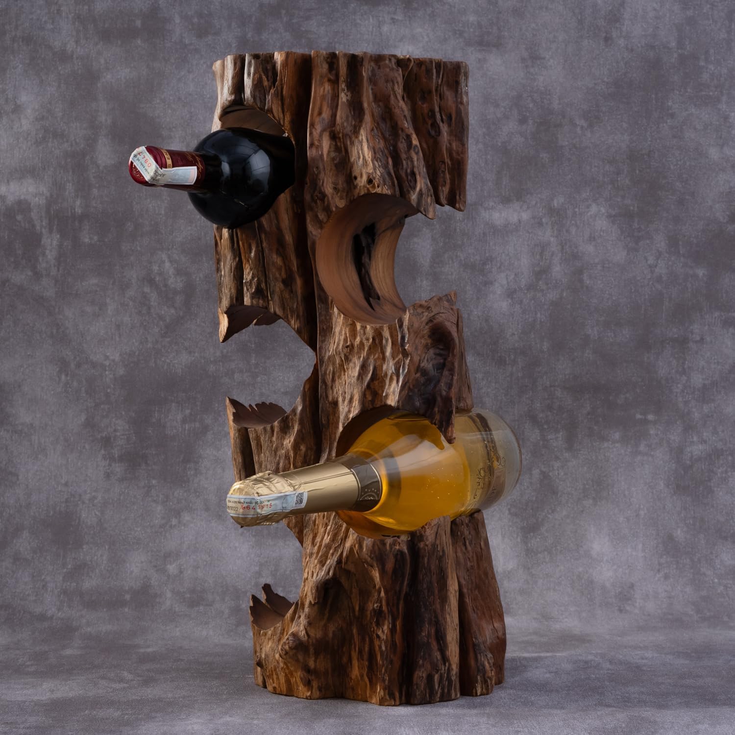 Solid Natural Vitex Pubescens Vahl Wood Wine Rack with Anti-Slip Pads – Rustic Single-Piece Freestanding Countertop Wine Holder – Securely Holds 5 Bottles Without Sliding – 20" x 9" x 7"