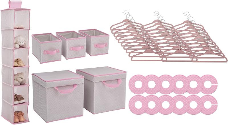 Juego de 48 piezas de almacenamiento de vivero - Solución fácil de almacenamiento/organización - Mantiene el dormitorio, el vivero y el armario limpios, rosa infinito