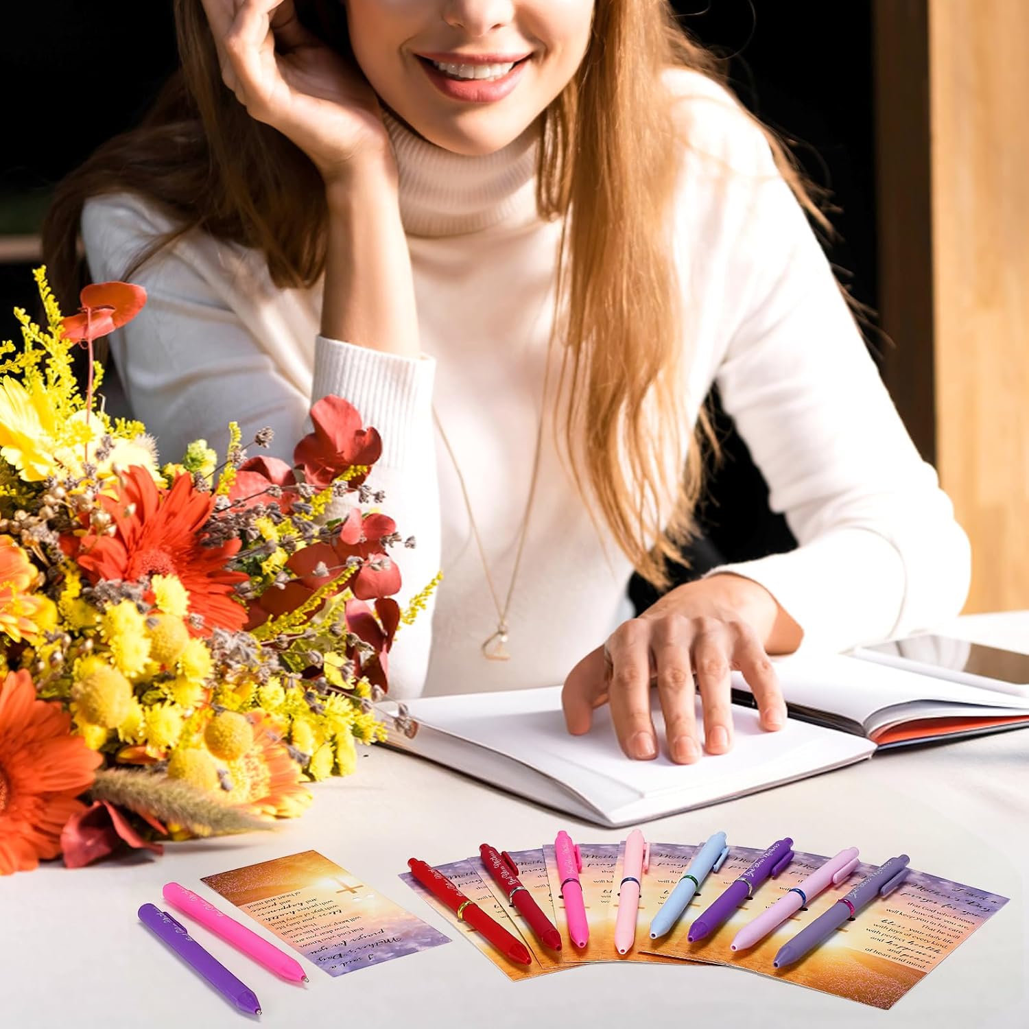 Eersida 72 Sets Mothers Day Gifts for Church Bulk God Bless Mothers Day Pens 8 Colors Christian Pens Bible Verse Ballpoint Religious Gift Cards Christian Cards with Ties for Church Birthday