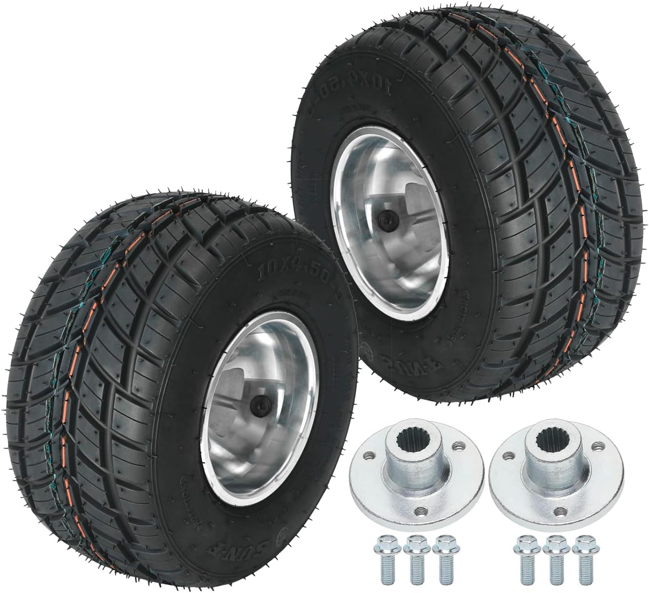 10x4.50-5 Front Go Kart Tires and Rims, 5'' Go Cart Wheels Tires 10x4.50x5, Racing Wheels Rain Tire with 3 Holes for Mini Bike ATV Quad Drift Trike Lawn Mower, Include 17T Axle Wheel Hub