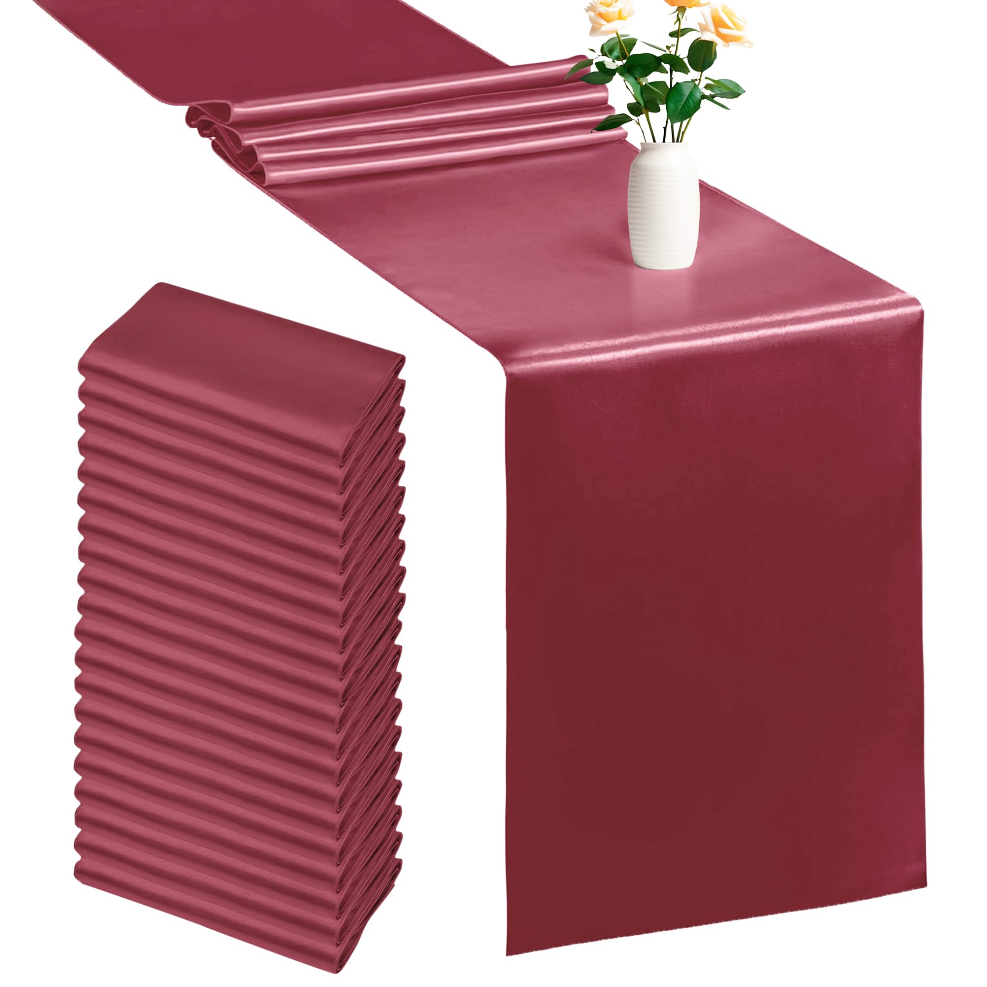 Trimming Shop Burgundy Table Runner for Dining Table 11 x 108 Inch Satin Silk Table Runner Wrinkle Free Drapes Elegantly Satin Table Runner for Wedding, Dining & Party Decorations (Pack of 20)