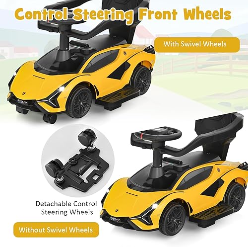 Miniatura 4 de INFANS 3 en 1 Coche carriola para empujar con licencia Lamborghini, coche a pie deslizante con control de los padres, música, faro, almacenamiento