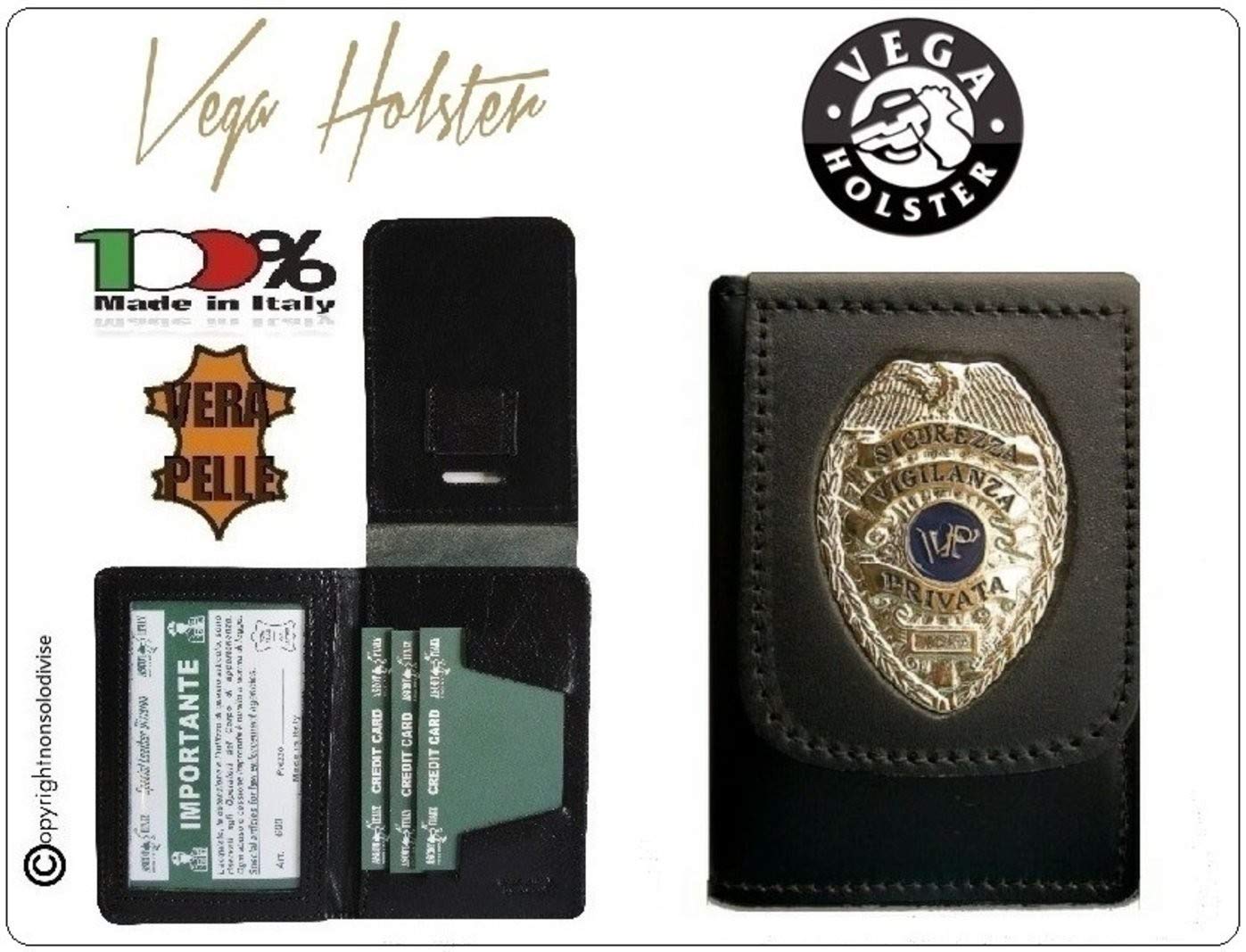 Portafoglio Portadocumenti con Placca Sicurezza Privata Vega Holster Italia Art.1WD48 Nero