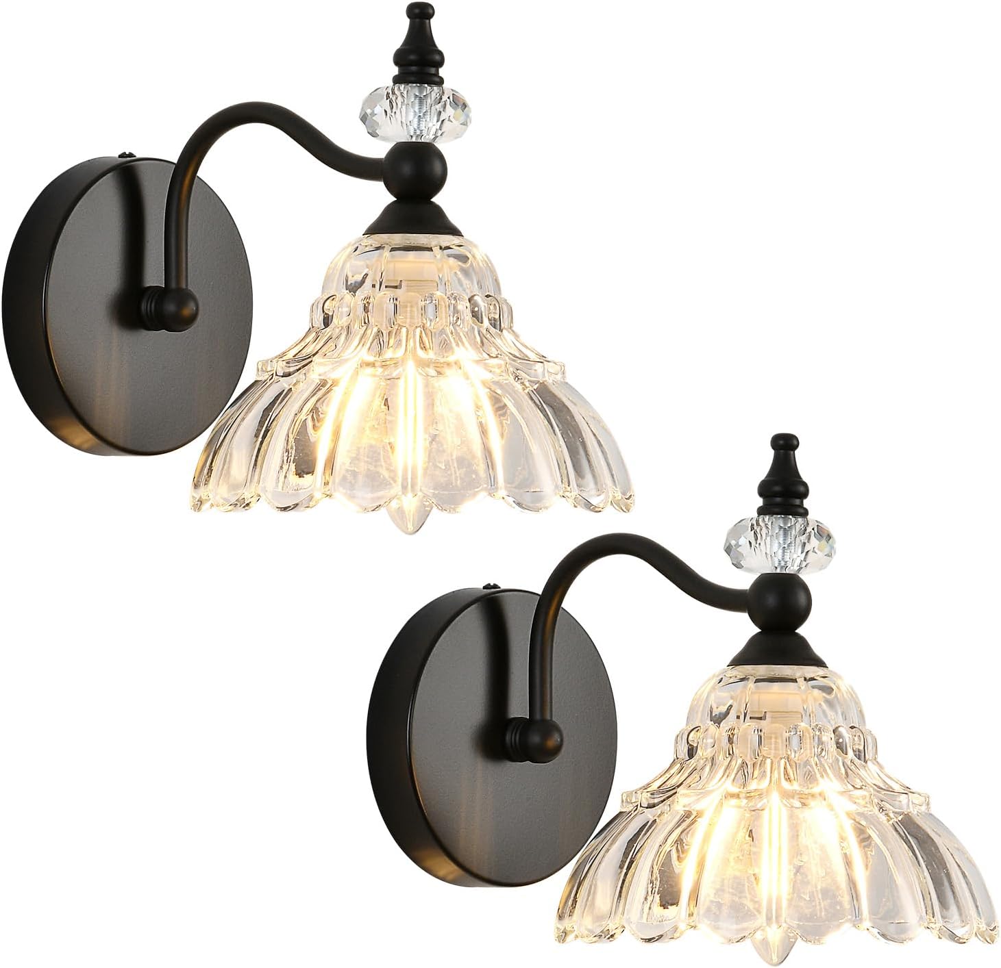 Vintage Industrial Wall Sconces Set of 2 - Antique Black Wall Lighting with Crystal Glass Shade, Wall Mounted for Bedroom Bathroom Living Room Indoor