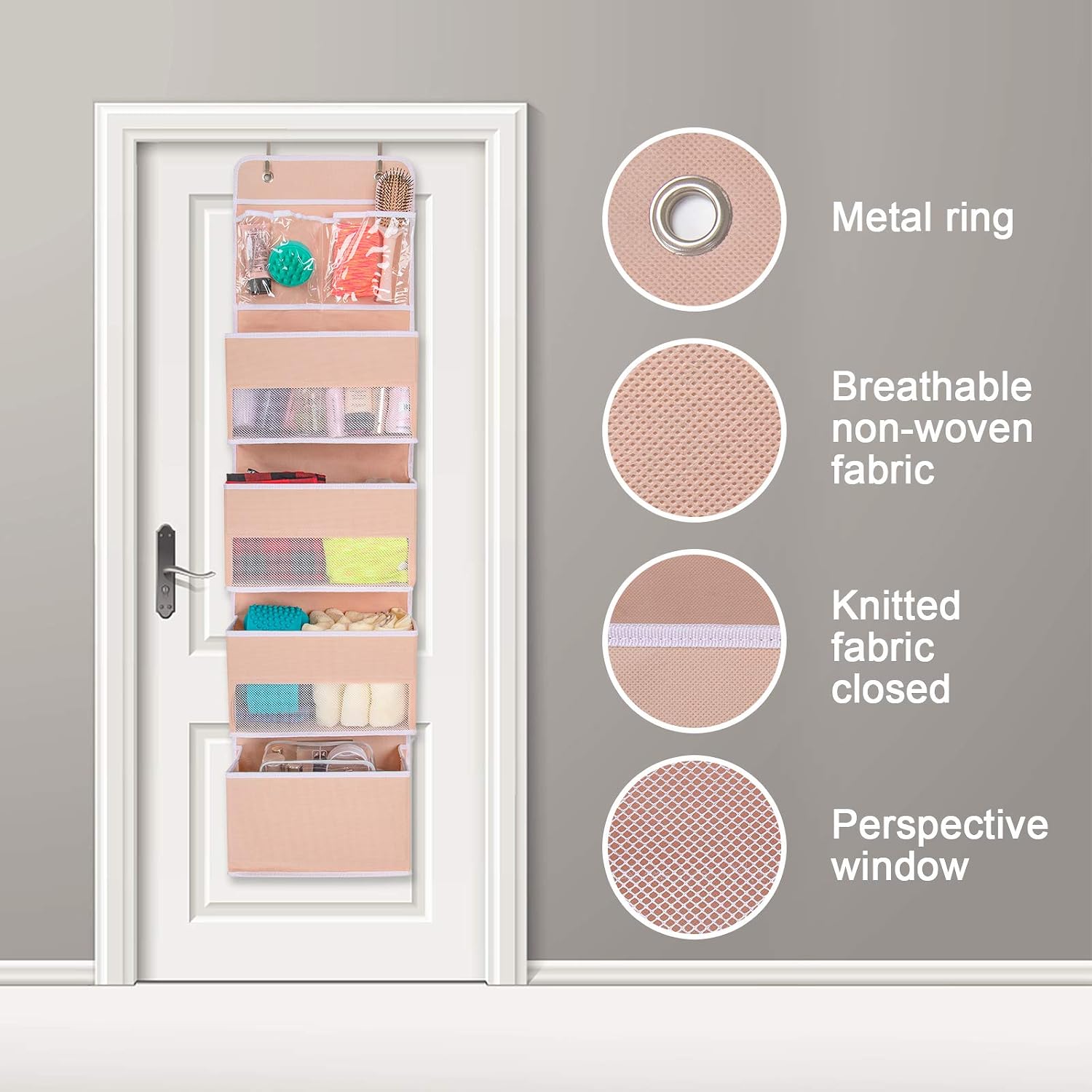 JARLINK 2 Pack 5-Shelf Over Door Hanging Organizer, Wall Mount Storage for Bedroom, Clear Window and PVC Pocket for Storage Cosmetics, Stationery, Sundries, etc (Pink)