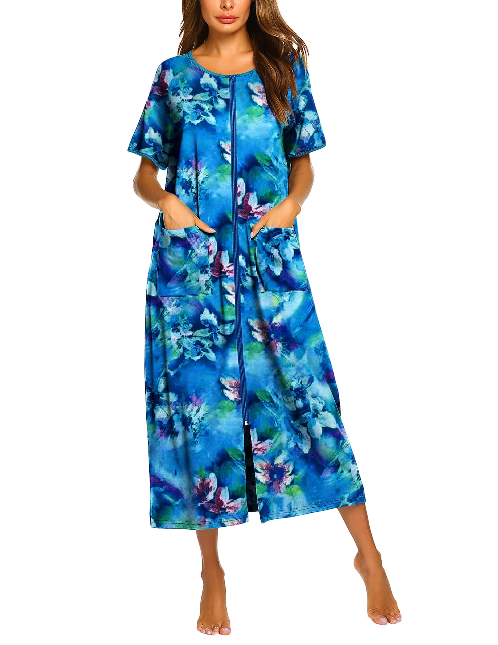 Ekouaer Women Robes Zipper Front Short Sleeve Full Length Housecoat with Pockets Loungewear S-4XL