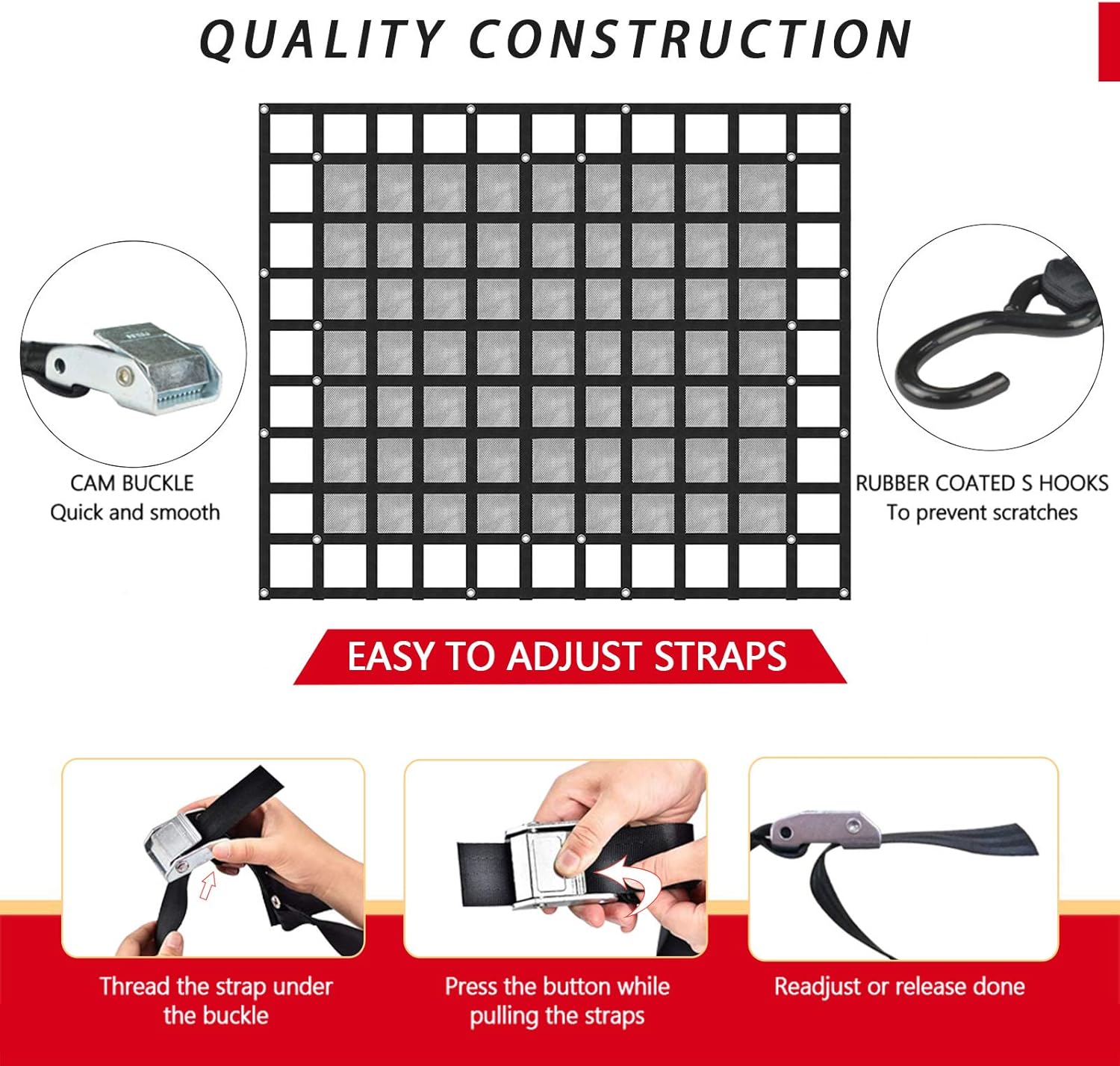 Surmountway Heavy Duty Cargo Net with Mesh (72" x 57"), 1100LBS Capacity, Adjustable Cam Buckles & S-Hooks for Trucks & Trailers - Image 4