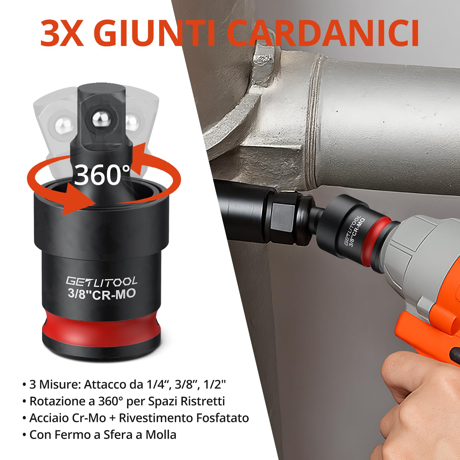 GETLITOOL Set 20PZ Adattatori per Bussole Chiavi in Acciaio, Include 11 Barre di Estensione 1/2+3/8+1/4 con Codolo 1/4-inch (25-150mm), 6 Adattatori F/M e 3 Giunti Cardanici 1/2" 3/8" 1/4"