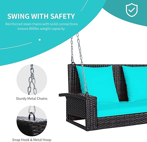 Miniatura 6 de RELAX4LIFE - Columpio de mimbre de 2 asientos, con dos cadenas de acero sólido de 7.9 pies, cómodos cojines de respaldo y asiento, para pórtico