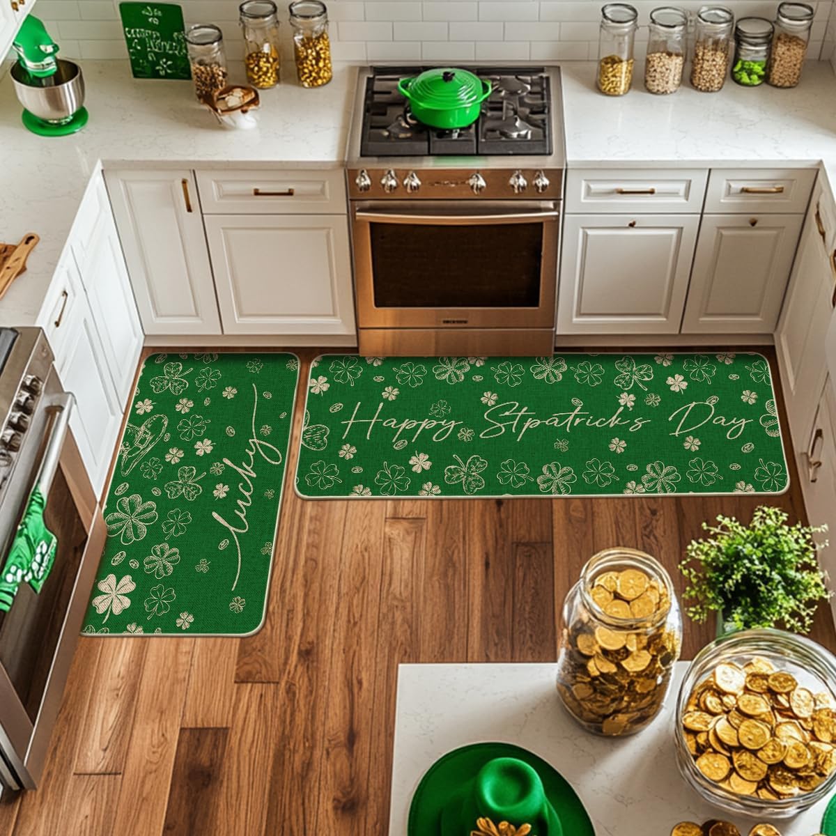 Artoid Mode Green Shamrock Clover St. Patrick's Day Kitchen Mats Set of 2, Home Decor Low-Profile Kitchen Rugs for Floor - 17x29 and 17x47 Inch