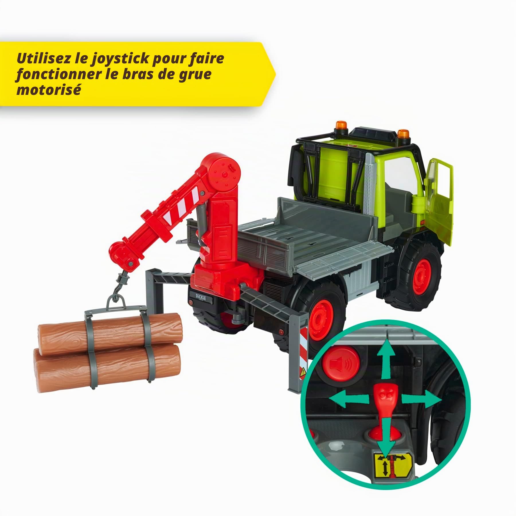 Dickie Toys - Unimog - Transporteur en Bois - avec treuil électrique et Bras de Grue avec Commande Joystick - avec Son et lumière - pour Enfants à partir de 3 Ans - Multicolore