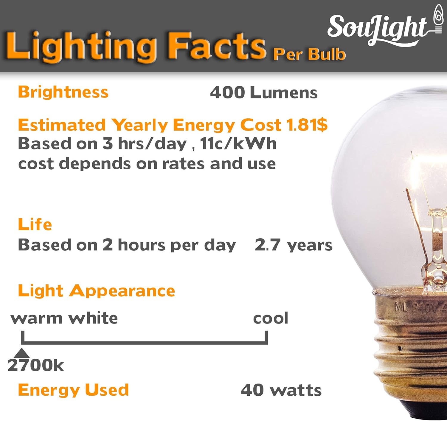 Oven Light Bulb – 40 Watt Appliance Replacement Bulbs for Oven, Stove, Refrigerator, Microwave. Incandescent - High Temp G45 E26/E27 Socket -Warm White - 400 Lumens - Clear.2 Pack