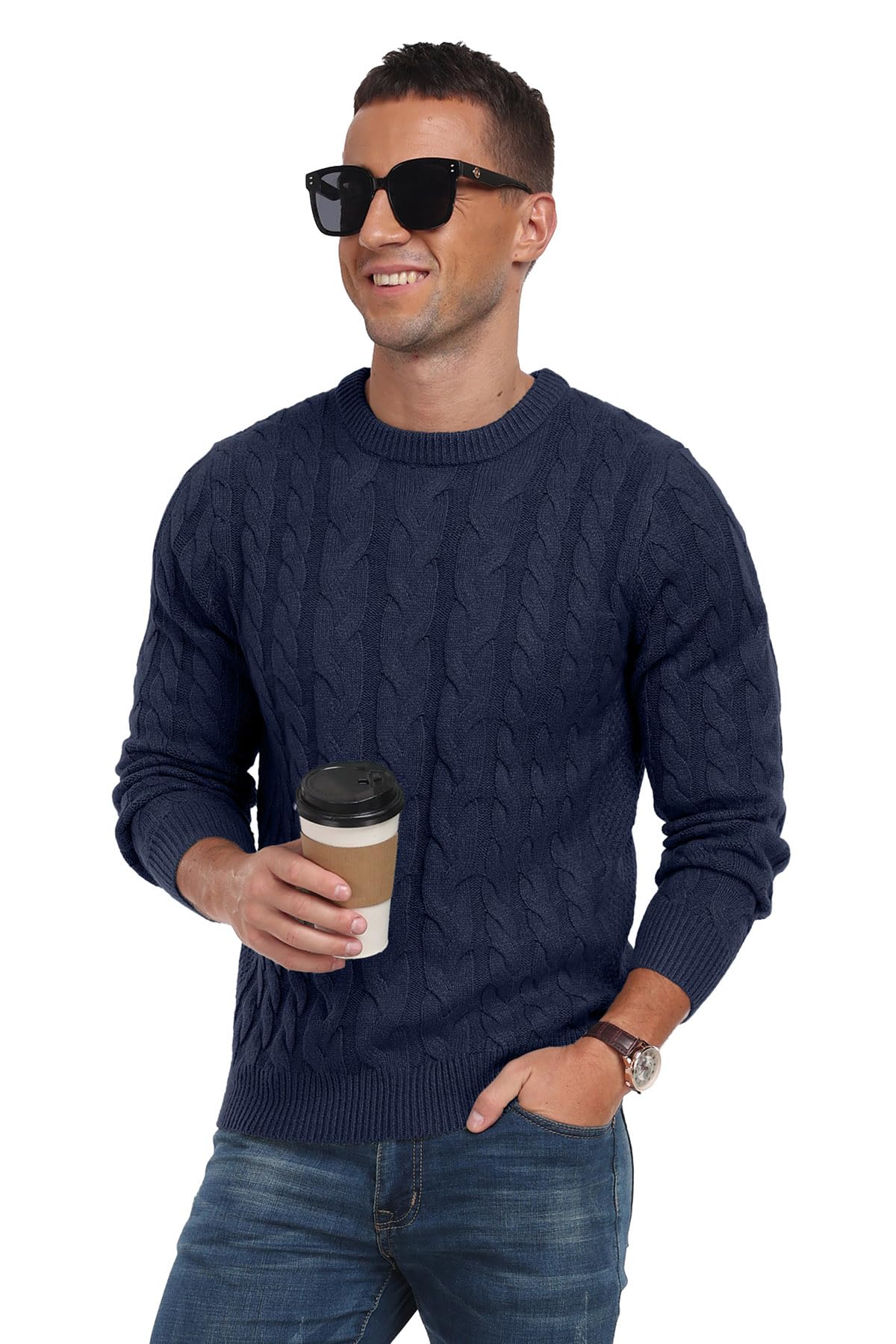 QIXING Jersey de punto trenzado para hombre, cuello redondo, casual, manga larga, suéter de punto grueso con borde acanalado