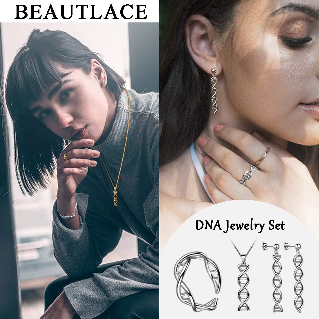 beautlace DNA Double Helix Chemistry Science Molecule Biology Necklace/Earrings/Rings Set DNA Dangle Earring Jewelry Set for Women