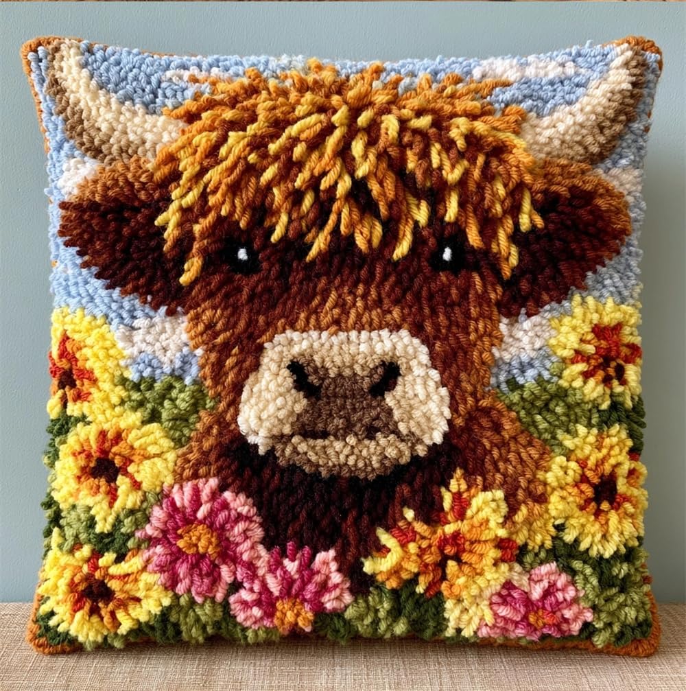 kitphoenix Latch Hook Cushion Kits Highland Cow and Flowers