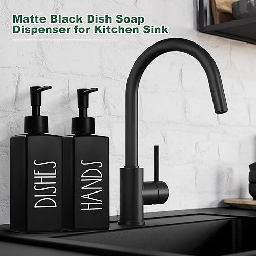 Miniatura 5 de Juego de dispensador de jabón para platos negro mate, botella de jabón de vidrio, recargable, decoración de cocina de granja, 12.3 onzas